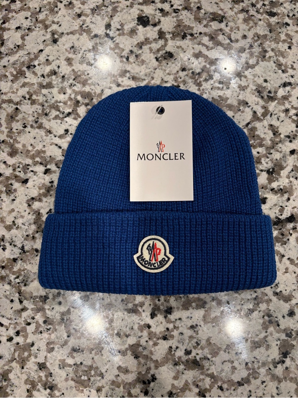 Moncler Cobalt Blue Ribbed Cuff Beanie with Logo Patch